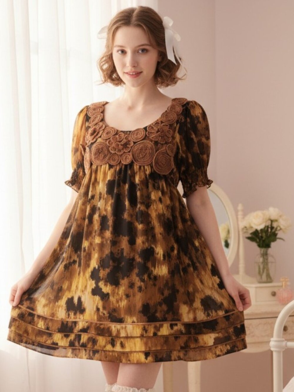 VINTAGE Babydoll Mini Dress Tunic L Rosette Applique Coquette Dollcore Ruffle